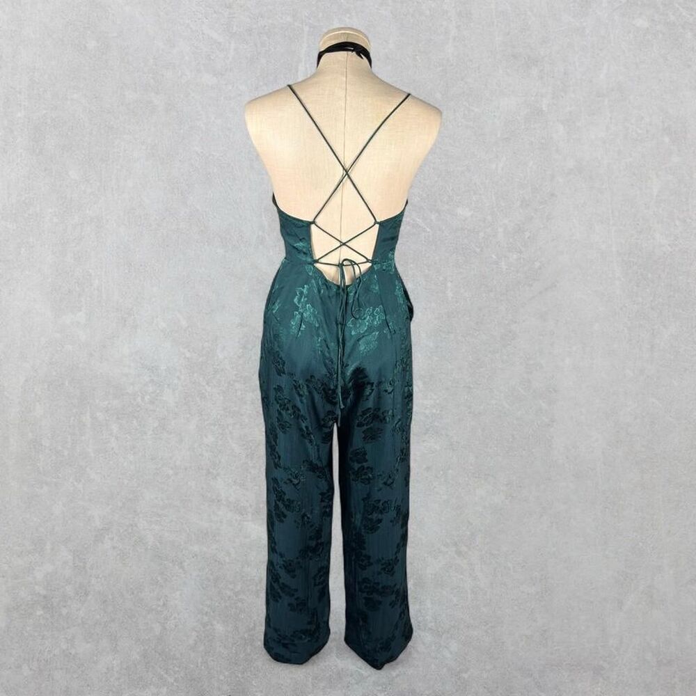 Urban Outfitters Emerald Green “Lily” Floral Jacquard Lace-Up Jumpsuit - Picture 3 of 8